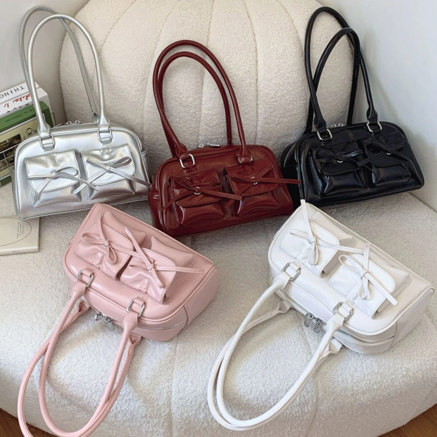 Korean Vintage Student Fashion Shoulder Bow Hand Bags Ladies