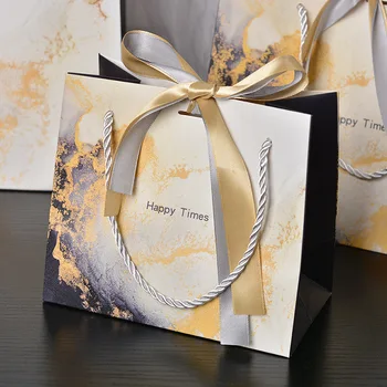 Luxury Marble Gift Carry Paper Bags Boutique Happy Times Marble Gift Paper Shopping Bags With Handles and Ribbon