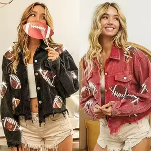 Wholesale Sequin Corduroy Jacket Woman Vintage Wash Fringe Shacket Glitter Football Embroidery Patch Jackets for Women