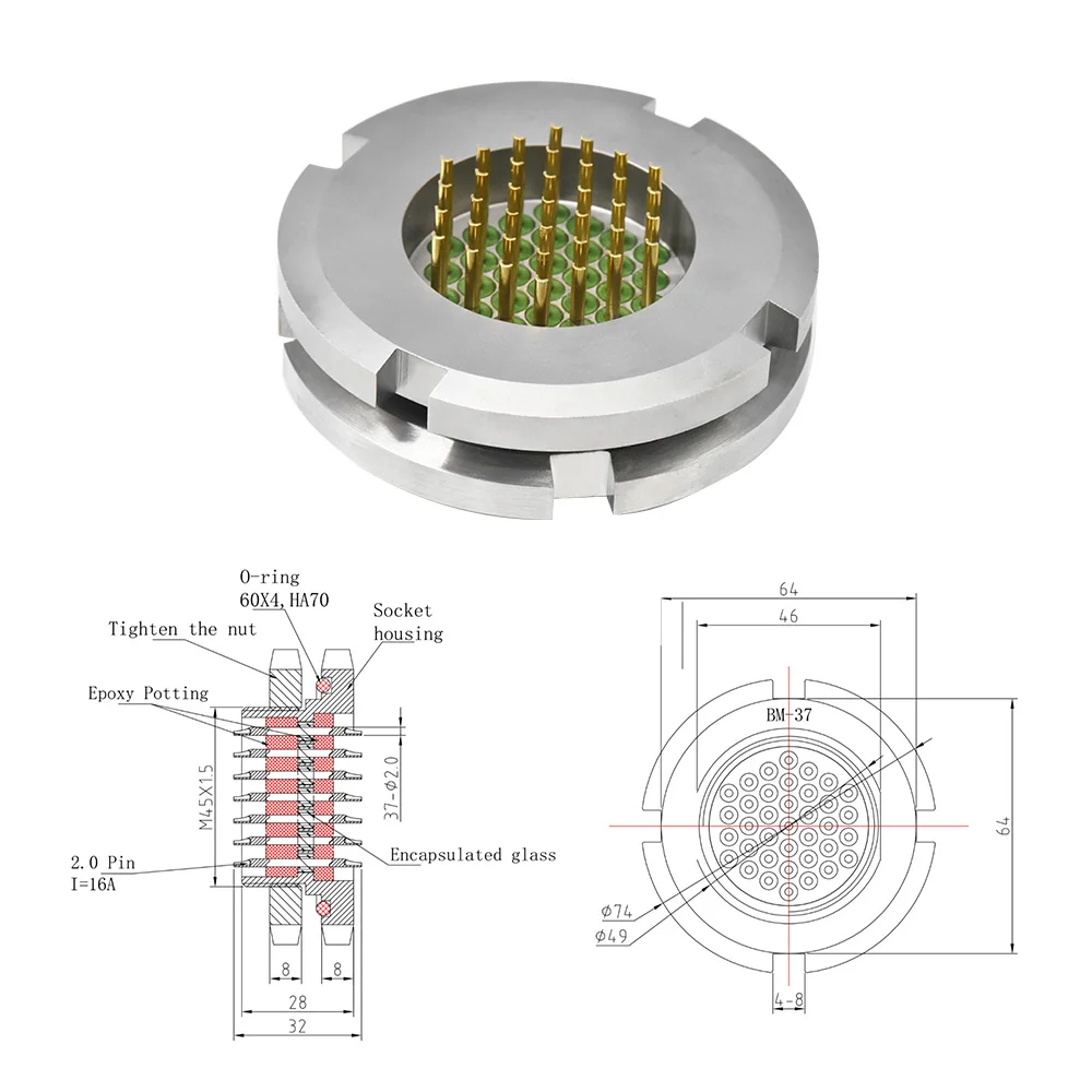 Customized Glass Sintered BM Hermetic Connector Gas-proof Connector 37 Pin High Voltage Kovar Contacts Plug