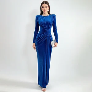 ZYHT 73940 OEM ODM Dark Blue Velvet Long Sleeves Spring Elegant Formal Party Evening Casual Maxi Dress Pearl O Neck