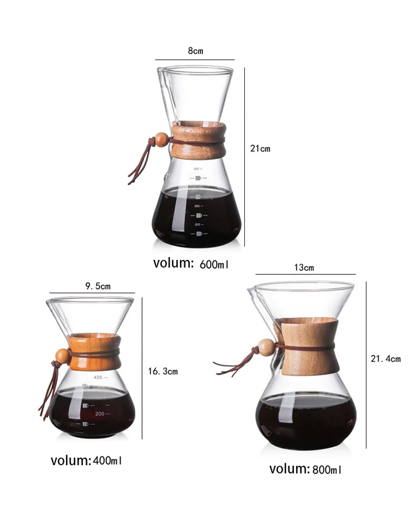 Custom Handmade Cafe Filter Pour Over Jug Pourover Drip Glass Coffee Pot With 400ml 600 ml 800ml