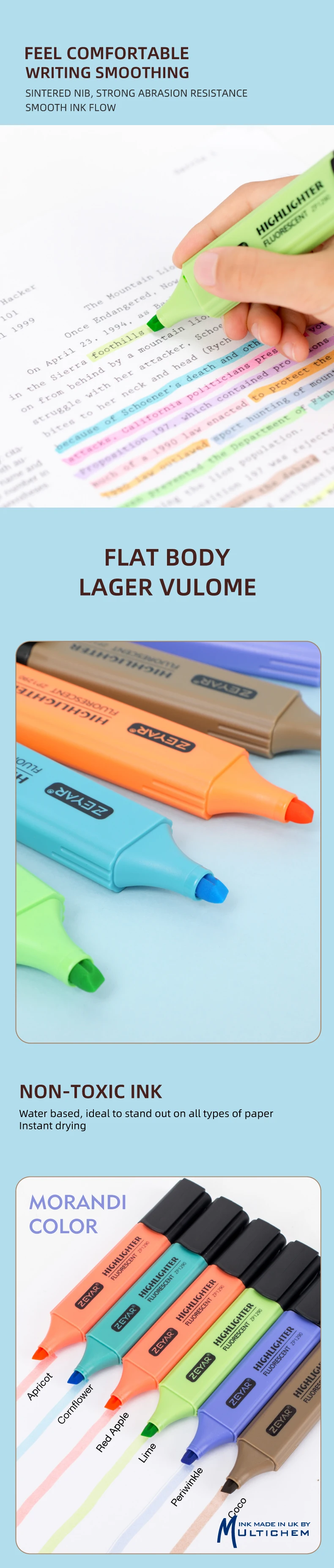 Customized Zeyar Highlighter Pen Pastel Colors Chisel Tip Highlighters
