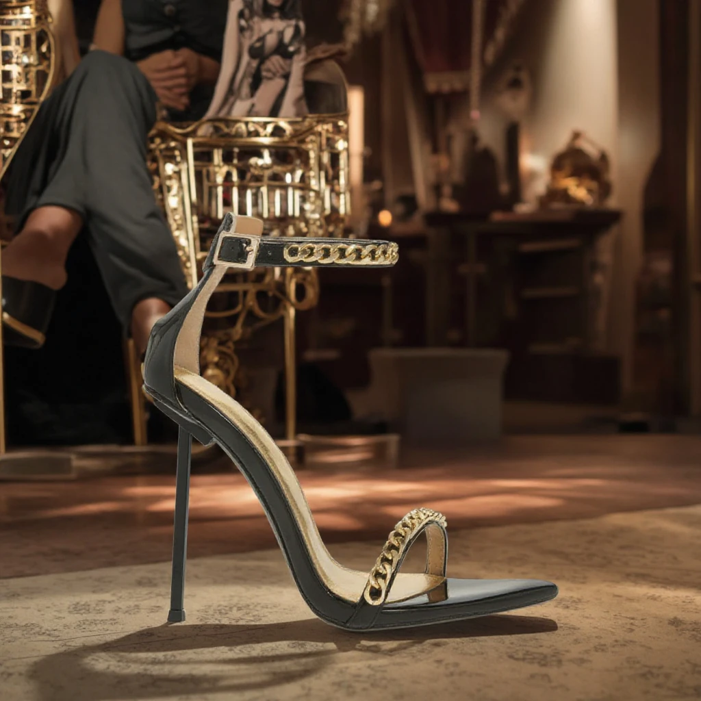 Custom Manufacturer 2024 Plus Size Pointed Toe Stilettos Metal Chain Buckle  Strap Women High Heels Pencil Heel Sandals Girl