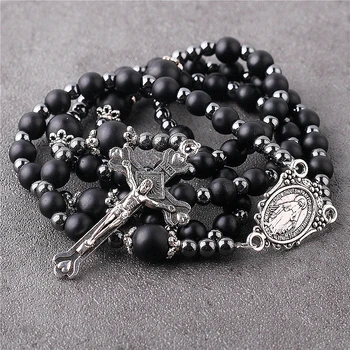 2022 New Design Religious Virgin Mary Catholic Necklace 6mm Black Glass Matte Beads Rosary on Wire for Gift