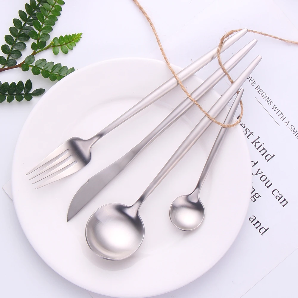 Matte Silver 304 Stainless Steel Flatware Set Kitchen Silverware Thick  Knife Spoon Fork Cutlery Wedding Party Dishwasher Safe