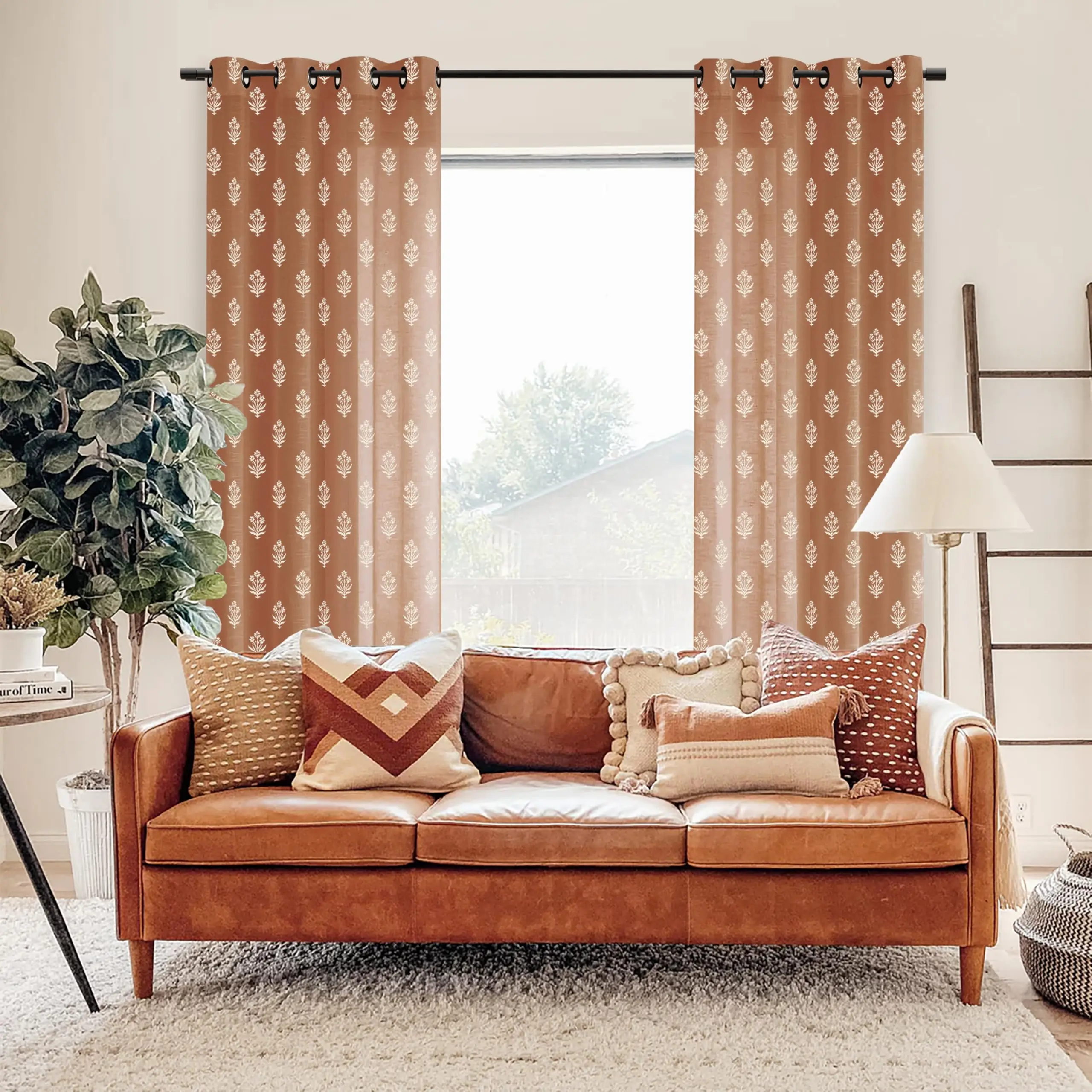 Vintage Floral Rustic Bohemian Terracotta Rust Color Block Print Boho Farmhouse Linen Sheer Curtains for Living Room