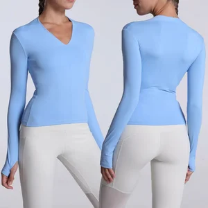High Quality Light Weight Nylon V Neck Shirts Slim Fit Moisture Wicking Long Sleeve With Thumbholes Training Women Active Top