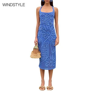 Lady's Casual Slim Summer Sleeveless Knit Dress  Embroidery Patchwork Print Stylish Knee-Length Natural Front