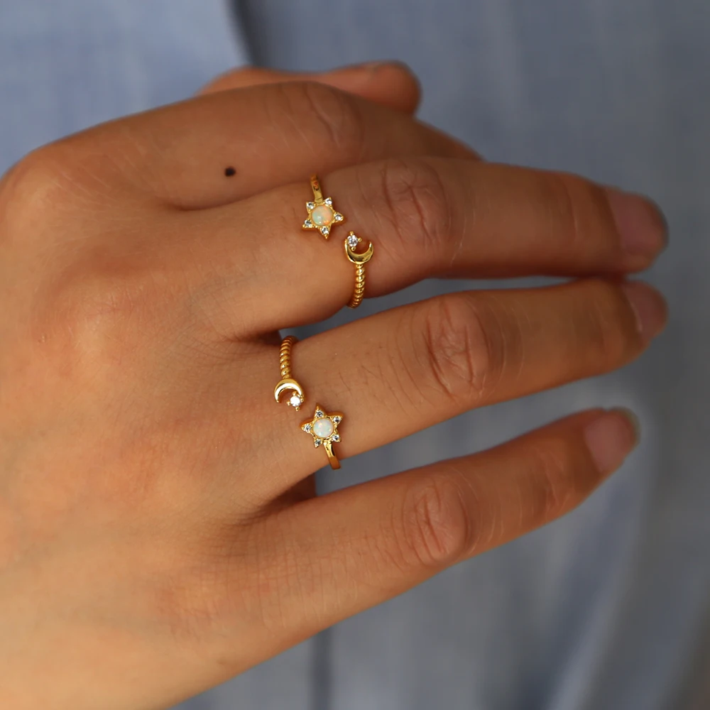 Promotion Sun Moon Star Shaped Open Jewelry Midi Gold Plated Elegance Thin Sweet Women Girl Opal Cute Ring