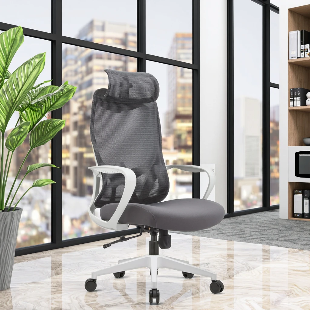 Grey PU Steel Frame High Back Ergonomic Chair S-Curve Support High Resilience Foam Fixed Armrest Adjustable Height for Office 3
