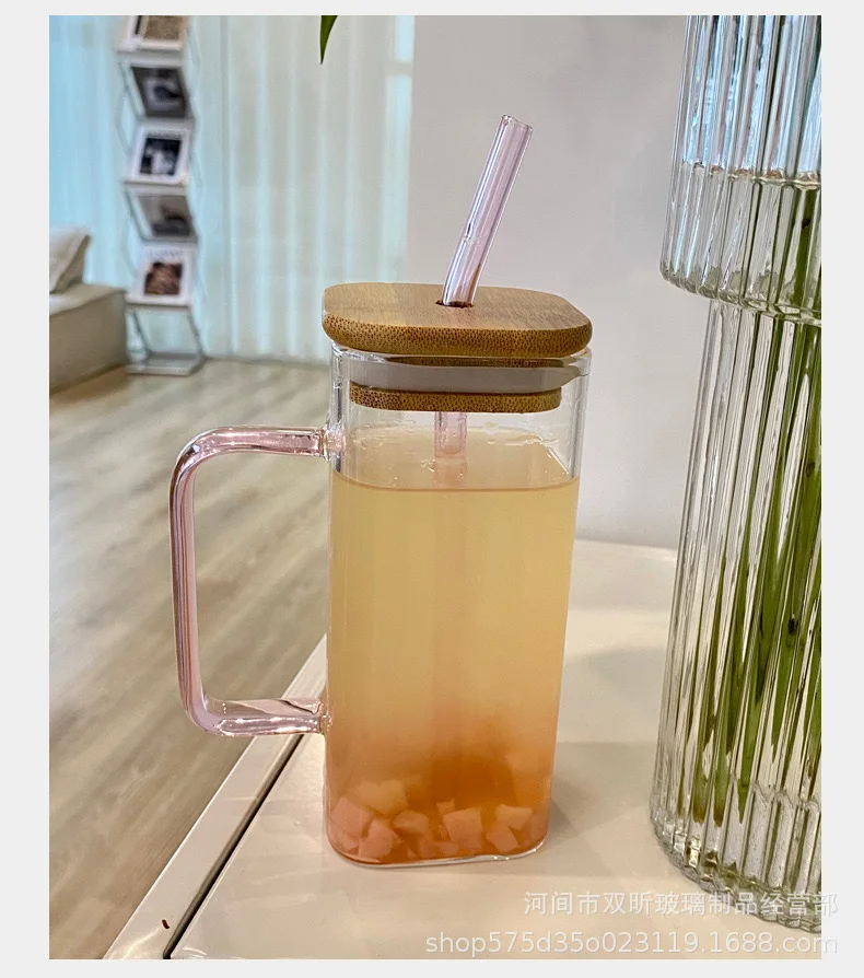 400ml Home Use Square High Borosilicate Glass Straw Cup with Colorful Handle - Perfect for Cold Drinks, Juices, and Milk