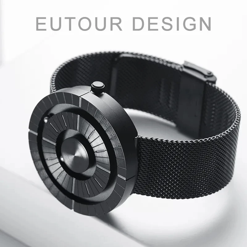 EUTOUR WATCH ブラック ラバーベルト 44mm Mens Magnetic Watch with Mesh Watch Band|EUTOUR