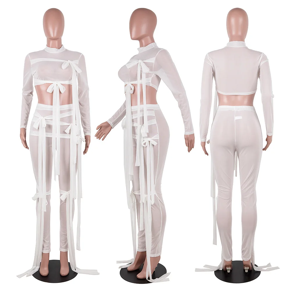 2021 new arrivals summer Women Long Sleeve Crop top Transparent Mesh see through sexy Bodycon pants two piece set women clothing