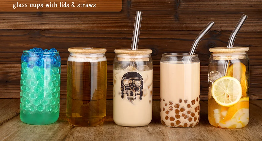 KAUND 4 PCS Ice Coffee Cup with Bamboo Lids and Glass Straw,16oz  Sublimation Boho Printed Beer Can Glasses,Ideal for  Cocktails,Whiskey,Beer,Soda and