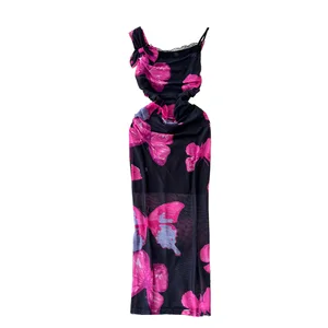 Custom Summer Casual Satin Silk Sexy Party Club Backless Maxi Dress With Stunning Butterfly Print