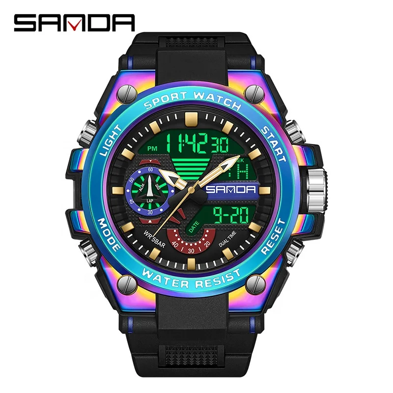 Sanda 3302 Analog Digital Movement Wrist Calendar Watch 2023 New Arrival Model Waterproof Outdoor Sports Men Alarm Wristwatch