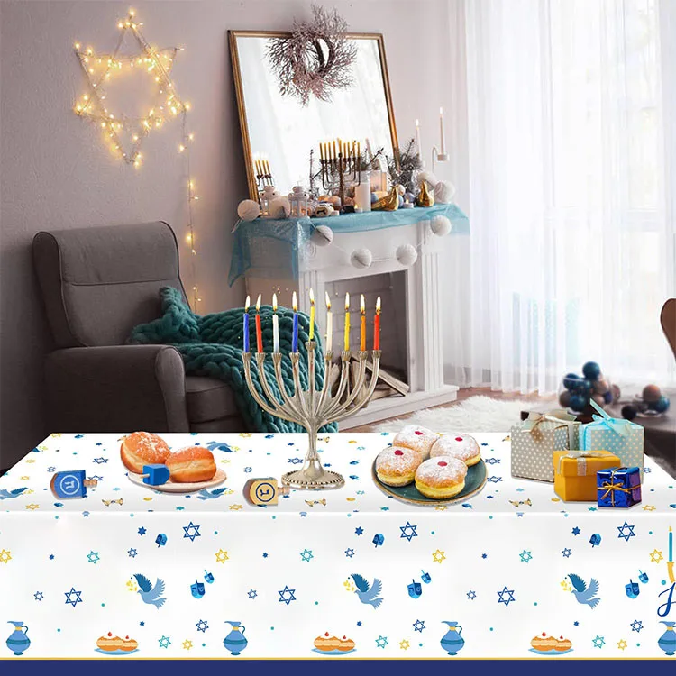Factory Disposable Rectangle Square Waterproof Oil-Proof  Tablecloth for Hanukkah Jewish Chanukah Menorah Holiday Decoration