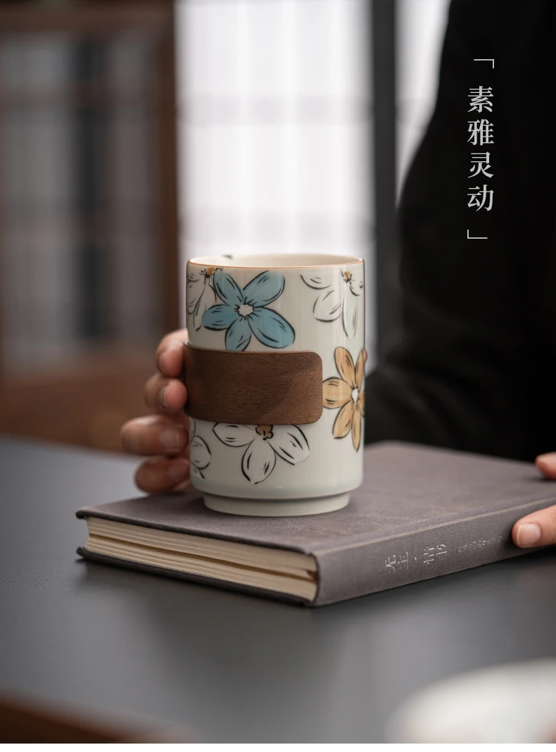 Japanese-Style Large Ceramic Cherry Blossom Water Cup Porcelain Espresso and Coke Cup for Office or Home for Tea and Table Use