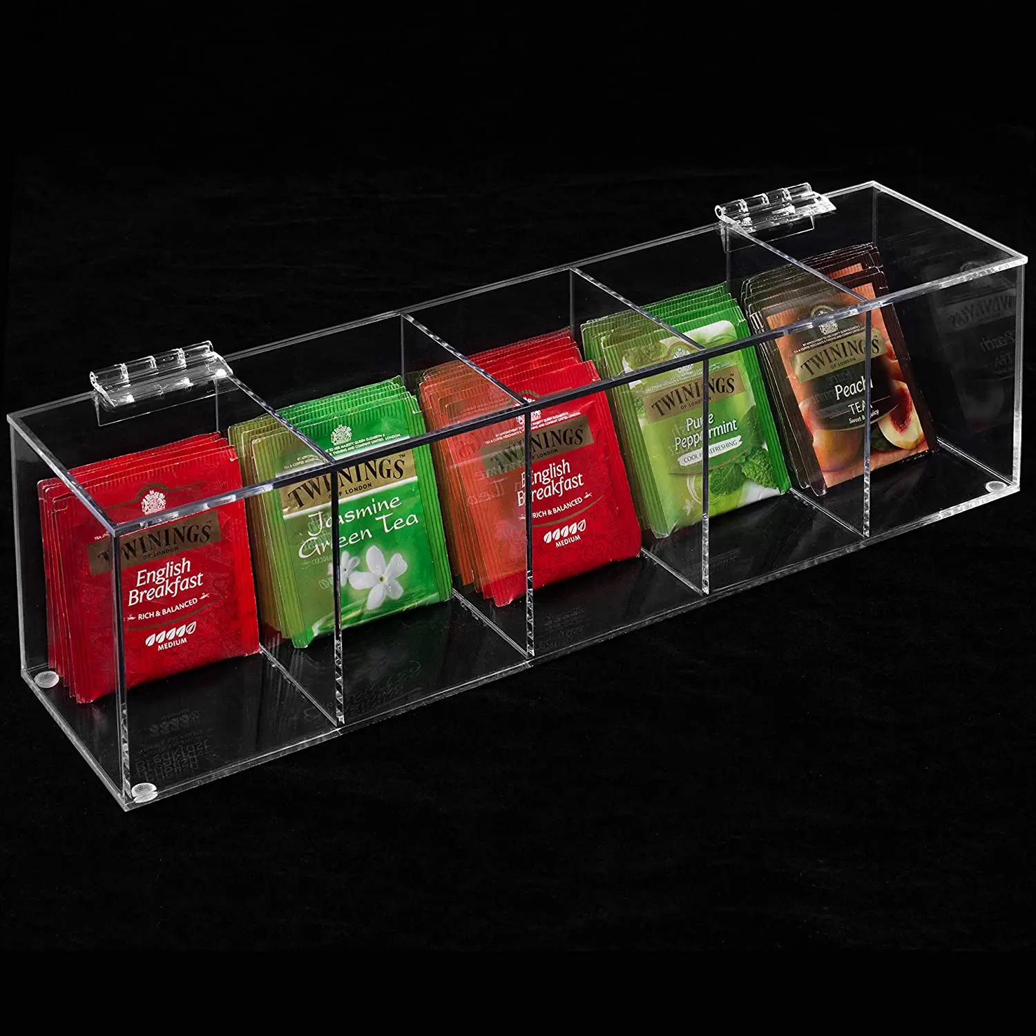 Clear Acrylic Tea Bag Holder Organizer With Hinged Lid,Acrylic 5 Compartment Tea Bag Box for Assorted Teas and Condiments
