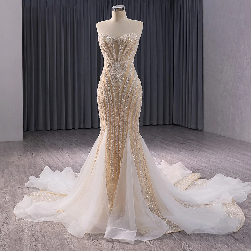 Luxury Sheer Glitter Rhinestone Mermaid Golden Bride Gown Diamond Wedding Dress Rsm241039 Luxury Sheer Glitter Rhinestone Mermaid Golden Bride Gown Diamond Wedding Dress Rsm241039