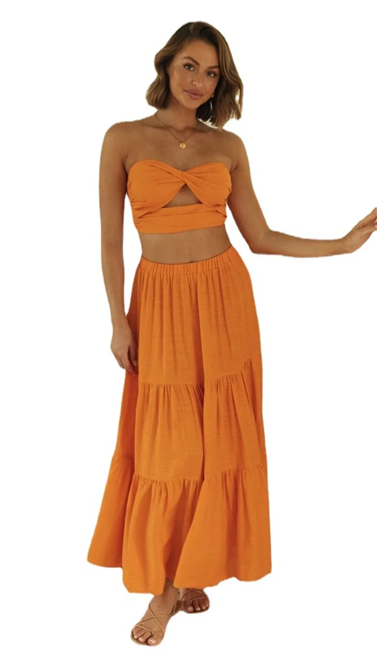Summer Fashion Tube Top and Pleated Skirt Women Sexy Beach Boho Maxi Dresses