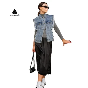 OEM Manufacturer National Flag Design Summer Top Vest Women's Fashion Sleeveless Jacket With Button Straight Pocket Denim Top