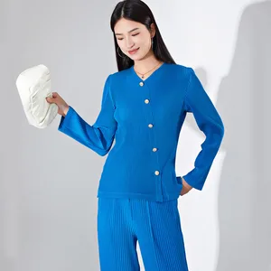 Women's V-Neck Long Sleeve Top With Elastic Stretch Decorative Buttons & Miyake Pleated-Versatile Casual Chiffon Blouses Summer