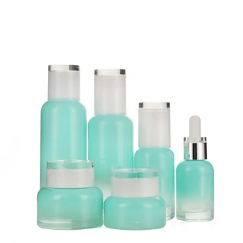 Luxury 30ml 50g cosmetic cream glass jar blue gradient skincare serum oil dropper pump bottle packaging set with acrylic lids