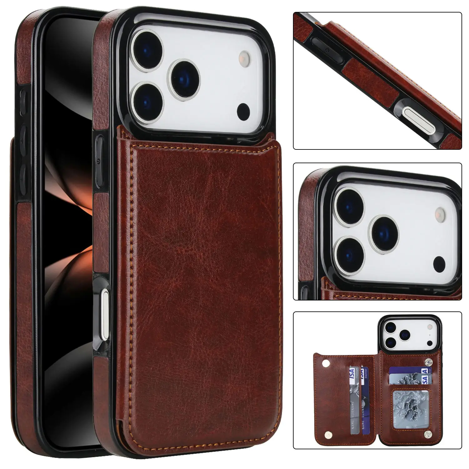 Leather Wallet Case for iPhone 14/15/16/17 Pro Max  Flip Cover with 10 Card Slots Cash Pocket Shockproof Protective Phone Cover