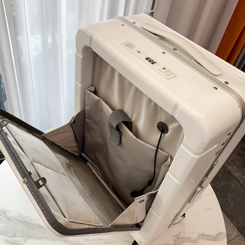 Sample Available Carry-on Suitcase with Metallic Color Smart Cabine Size Luggage with Laptop Front Pocket