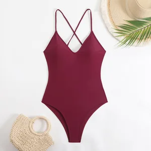 Sexy Cross Back One Piece Swimsuit for Women Solid Color High Cut Push up Monokini Eco-Friendly Quick Dry Fabric for Beachwear