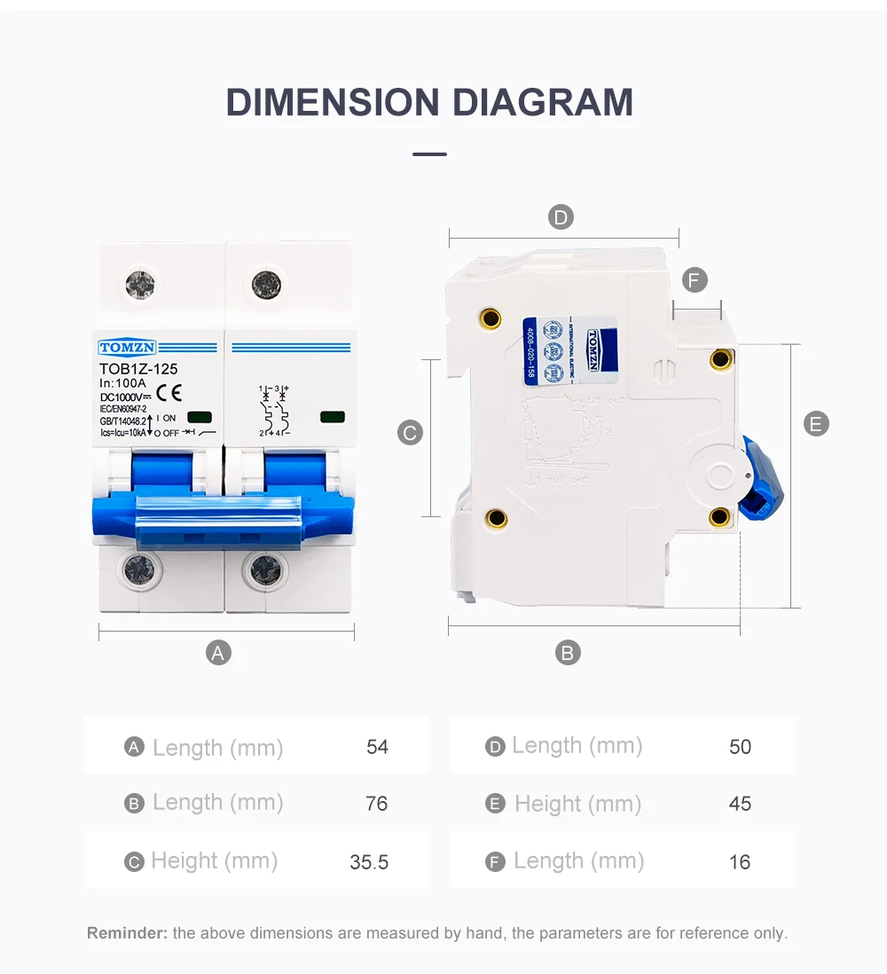 TOMZN 2P DC 1000V MCB 125A 100A 80A Circuit Breaker for PV System C Curve Battery Main Switch