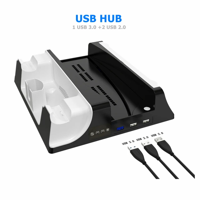 Charging Stand with Cooling Fan for PS5/PS5 Digital Edition Console and Controller With 14 Game Cards Slots and Headset Stand