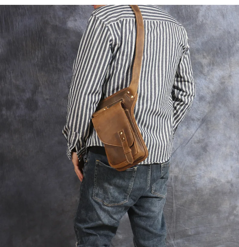 Vintage Genuine Crazy Horse Leather Waist Bag for Men Cowhide Motorcycle Crossbody Leg Saddlebags & Luggage
