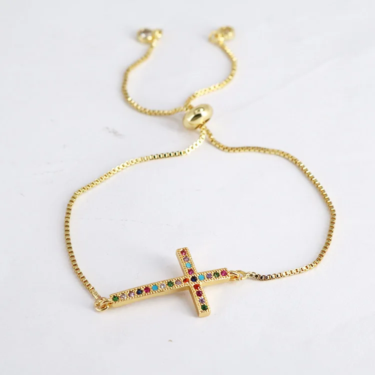BC1269 Fashion  Adjustable Gold Plated Brass CZ Micro Pave Tiny rainbow Cross Wrist Chain Women  Bracelet