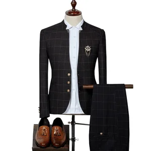 High Quality Mens Slim Fit Suits 2 Pieces Male Stand up Collar Chinese Suit Set Plaid Suit for Men