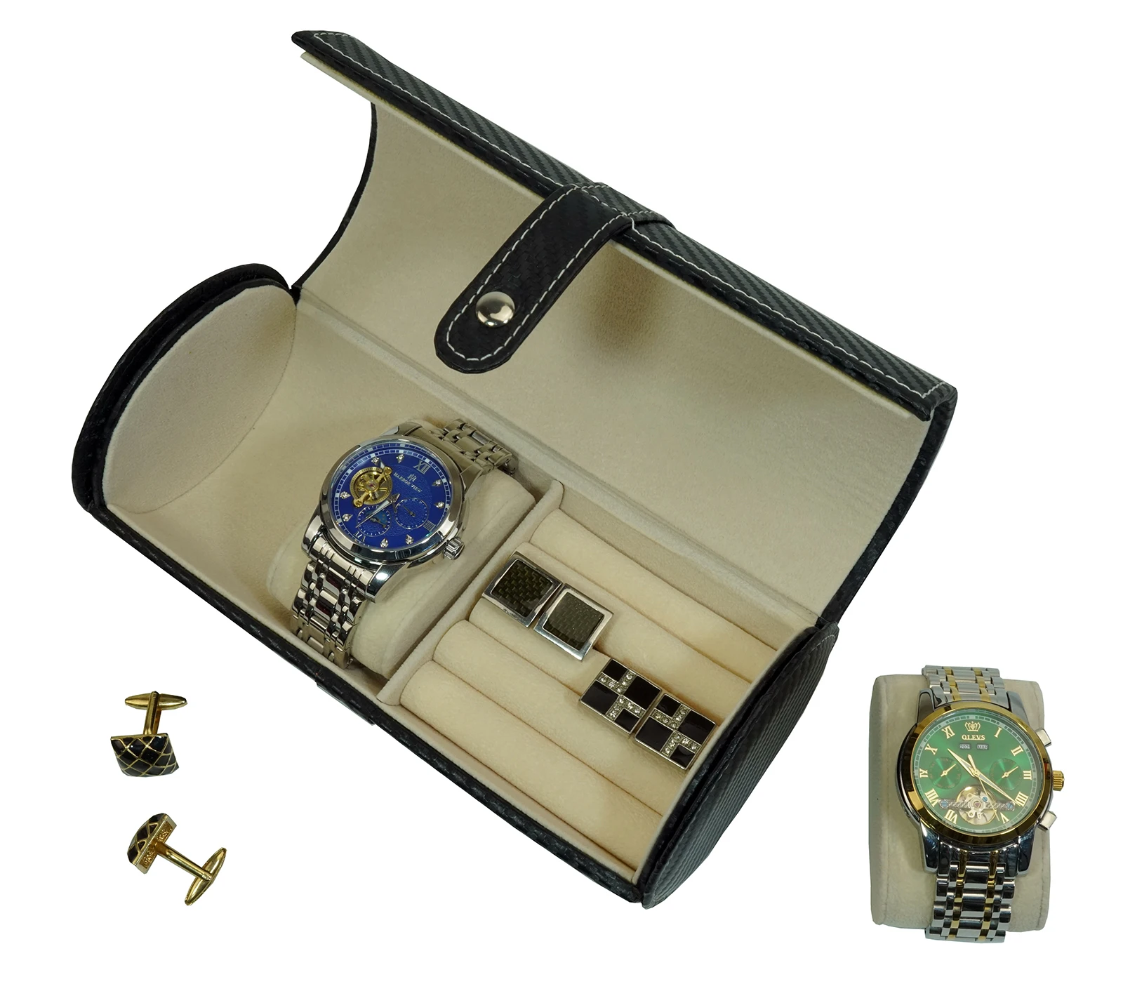 Luxury Travel Leather Jewelry Gift Box Watch Cufflink Case For 2