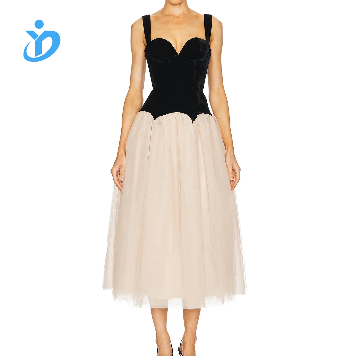 New Women Clothes Fashion Lady Elegant Velvet Top Match Tulle Skirt  Sleeveless Wedding Party Luxury Gown Slip Evening Midi Dress