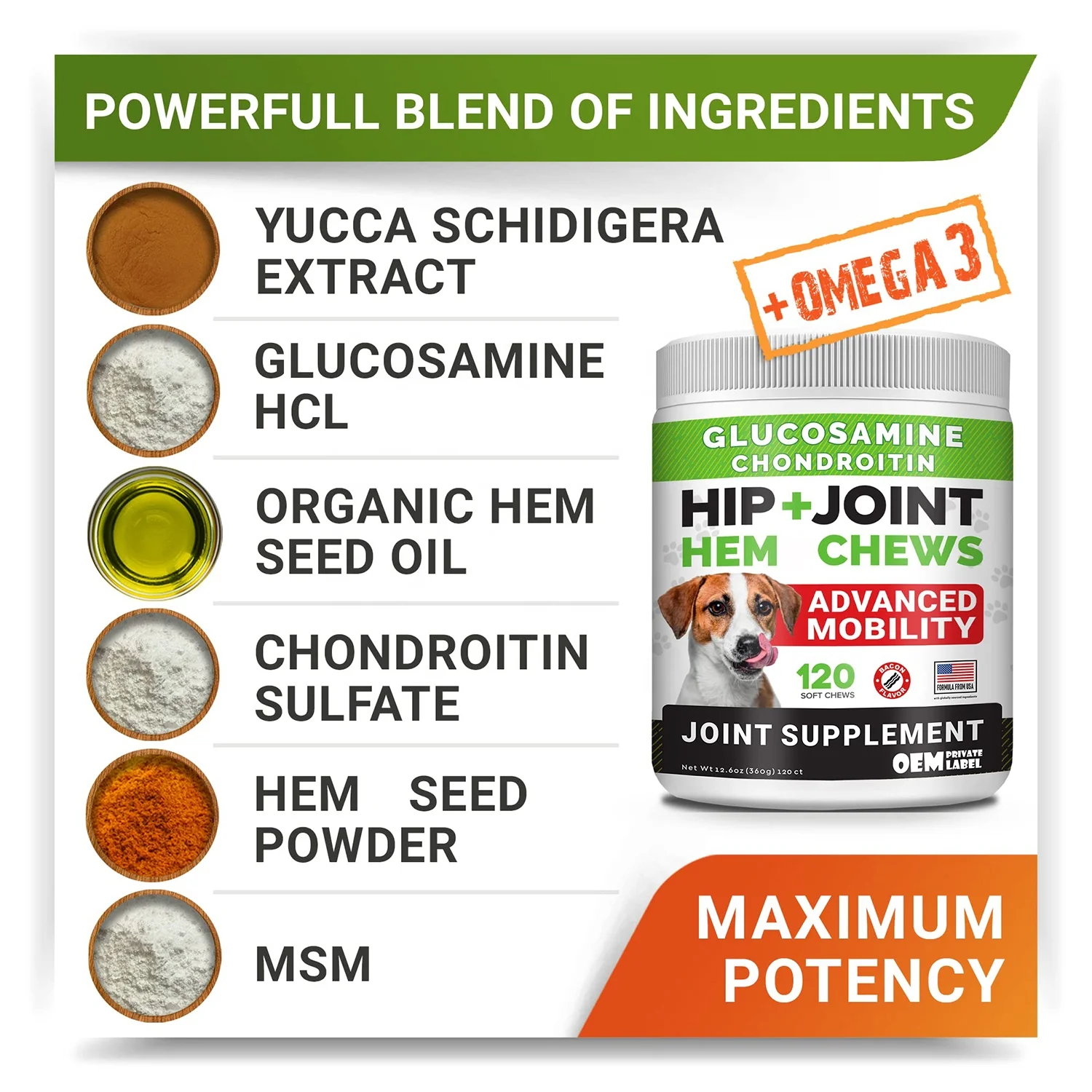 Фирменная торговая марка OEM лучшие добавки для собак бедер и суставов жевательные клюшки с глюкозамином msm куркума в