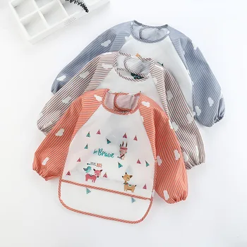 Baby Feeding Bib Waterproof Custom Print Cartoon Cute Muslin Cotton Baby Long Sleeve Bibs For Eating