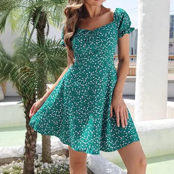 Floral Print Vintage Dress Women Summer Square Neck Puff Sleeve Ladies Elegant Fashion Tie-up A-line Mini Dress