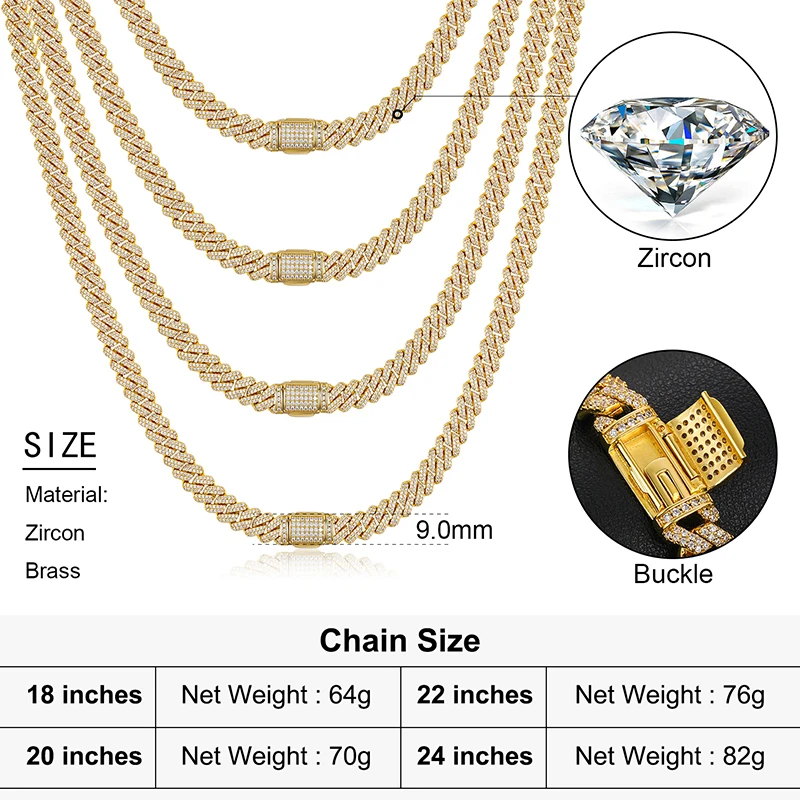 18K Gold Plated Necklace - 5A Zircon Diamond - Cuban Link Chain for Men 8inches / Gold by Pearde Design