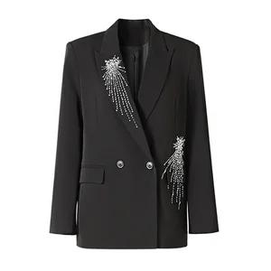 Women's Diamond Crystal Beaded Blazer Loose Fit Mid-Length Heavy Button Long Single Wear Top Black Beige Velour Spring Autumn