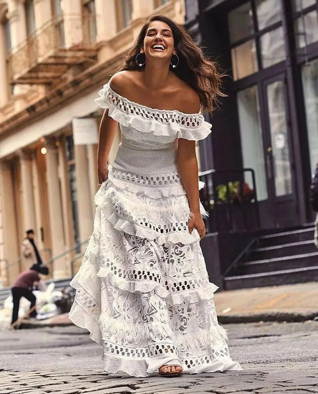New Coming Boho Maxi Swing Dress Lady Off Shoulder White Lace for Wedding  Dress