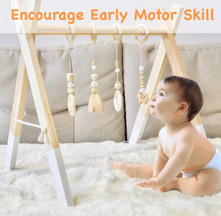 Деревянный складной детский игровой тренажерный зал с 4 подвесными игрушками для игр и обучения, рамка для детского тренажерного зала, подвесная балка, детский тренажерный зал