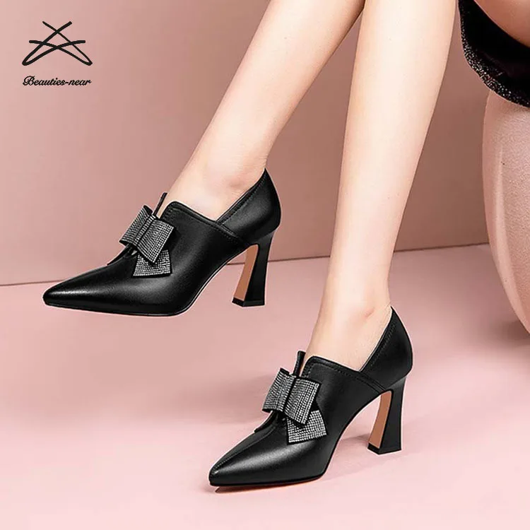 New Fashion Ladies Women Autumn Pointed Toe Chunky High Heels Pu Leather Shoes Bow Knot Pumps