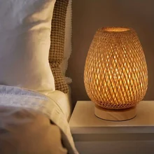 Eye-Caring Bedroom Bedside Night Light Bamboo WeavingTable Lamp With Handmade Natural Wooden Base