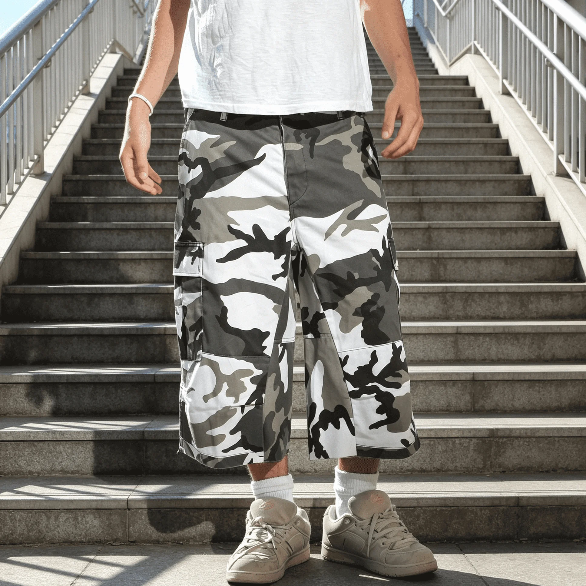Custom Snow Camo Baggy Capri Cargo Pants Men Multi Side Pocket Wide Leg Streetwear Outdoor Skate Mid Calf Trousers gallery 7