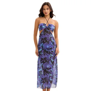 For New Women's Two-Piece V-neck Backless Spandex/Polyester Breathable Bikini Swimsuit Print Sexy Style Cross-Border Triangle